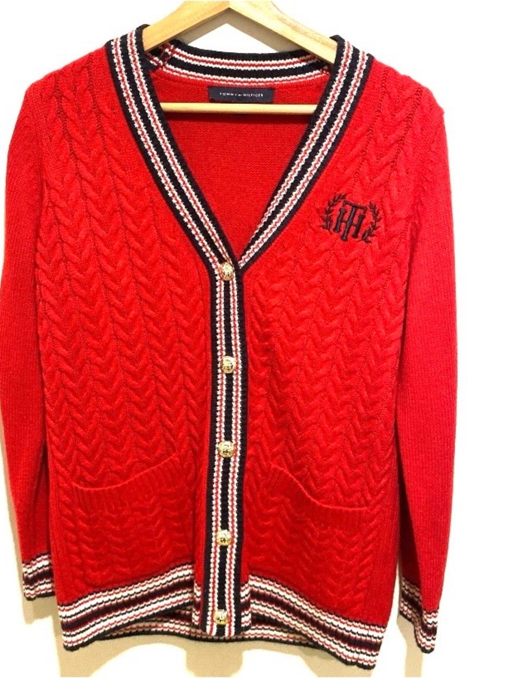 Tommy Hilfiger Red Cable-Knit V-Neck Cardigan Pre Loved 💕